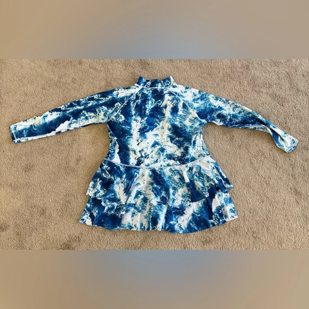Rash Guard One Piece Swimsuit Blue Ocean Print Long Sleeve Modest Swim Dress XL